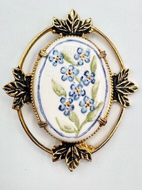 Vintage Hand Painted Blue Flower Framed Brooch With Leaves Artist Dedicated
